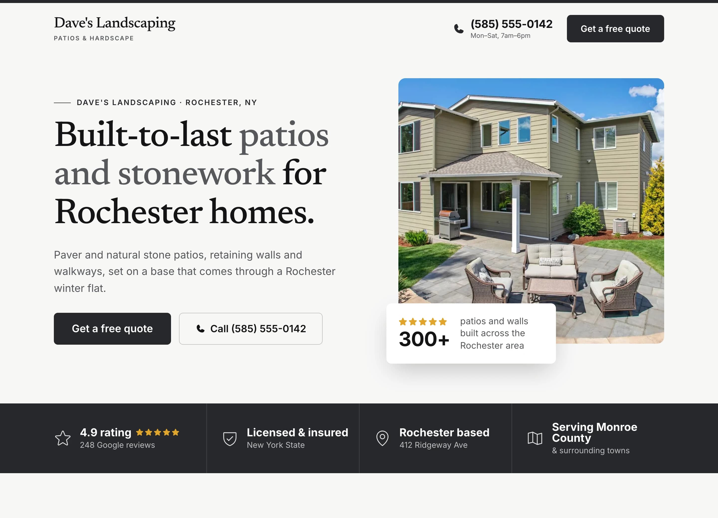 Desktop view of an example contractor website built by Ribbler